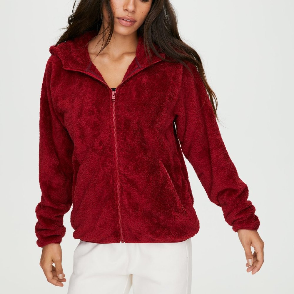Aritzia TNA Fuzzy Zip Up Sweater, Red, XS
